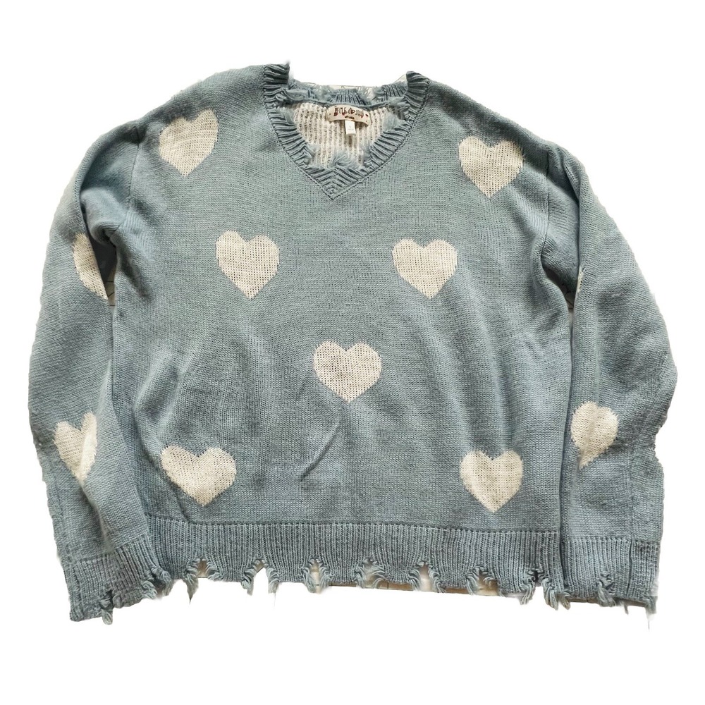 Belle Du Jour Kids Girls Heart Pattern Sweater Frayed Hem Blue Large Fall School